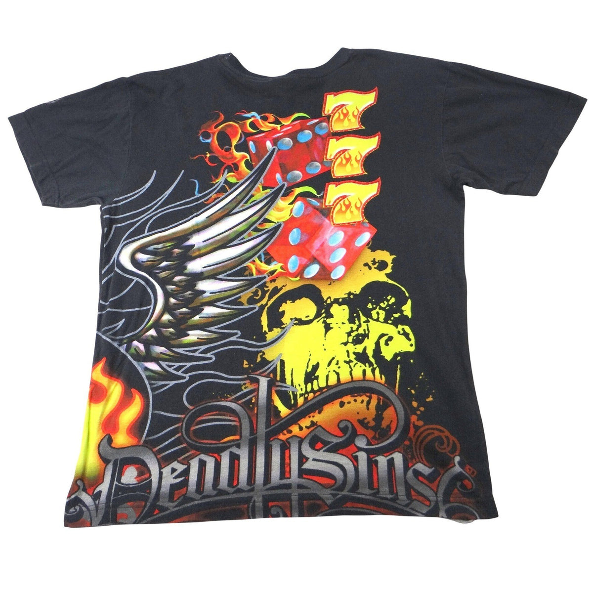 Deadly Sins Graphic T Shirt Black Red Skull Dice Flames Tattoo Punk Rock Mens L