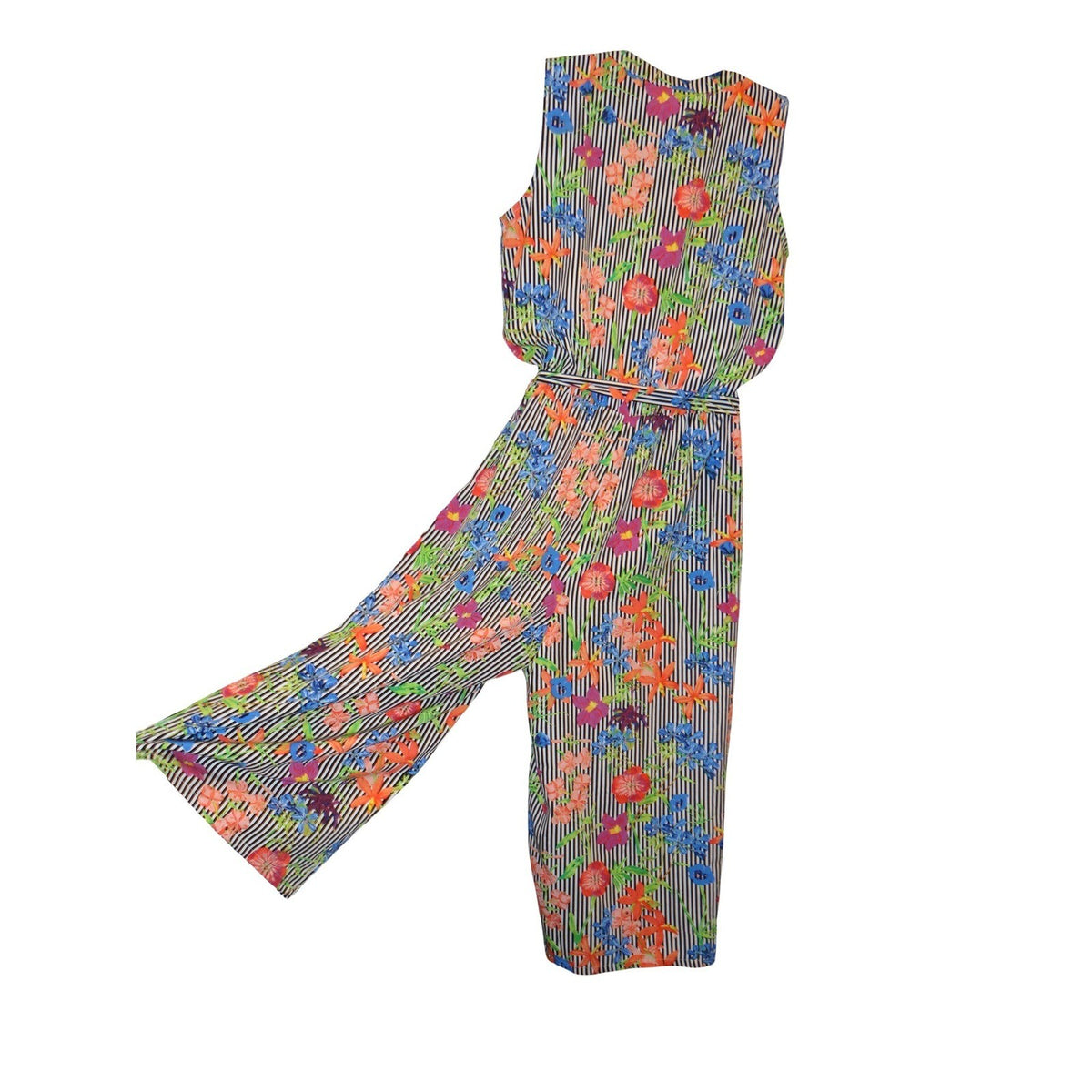 SPENSE Black White Stripe Floral Print Maxi Jumpsuit Women's M Sleeveless Belted4