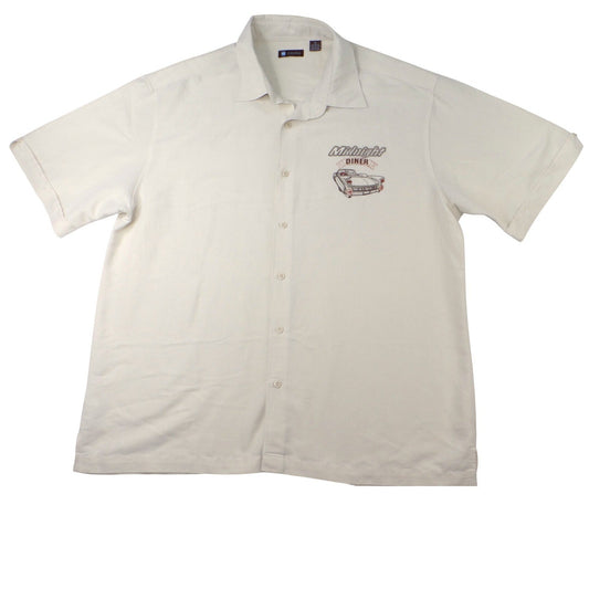 Centro Mens XL Short Sleeve Button Up Shirt Cream Midnight Diner Car Embroidered
