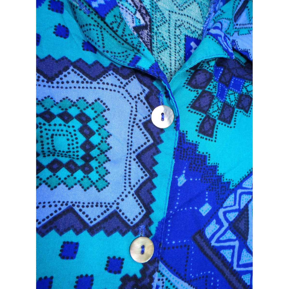 VTG Maygene Geometric Print Short Sleeve Button Up Shirt Women's Size Small Blue