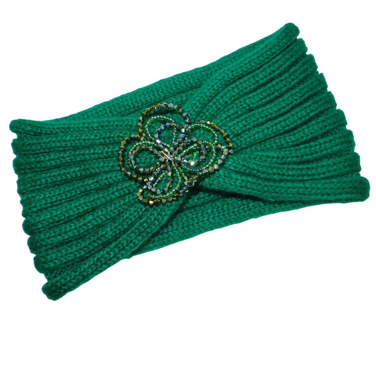 CC Exclusives Green Knitted Turban Headband Beaded Flower Embellishment0