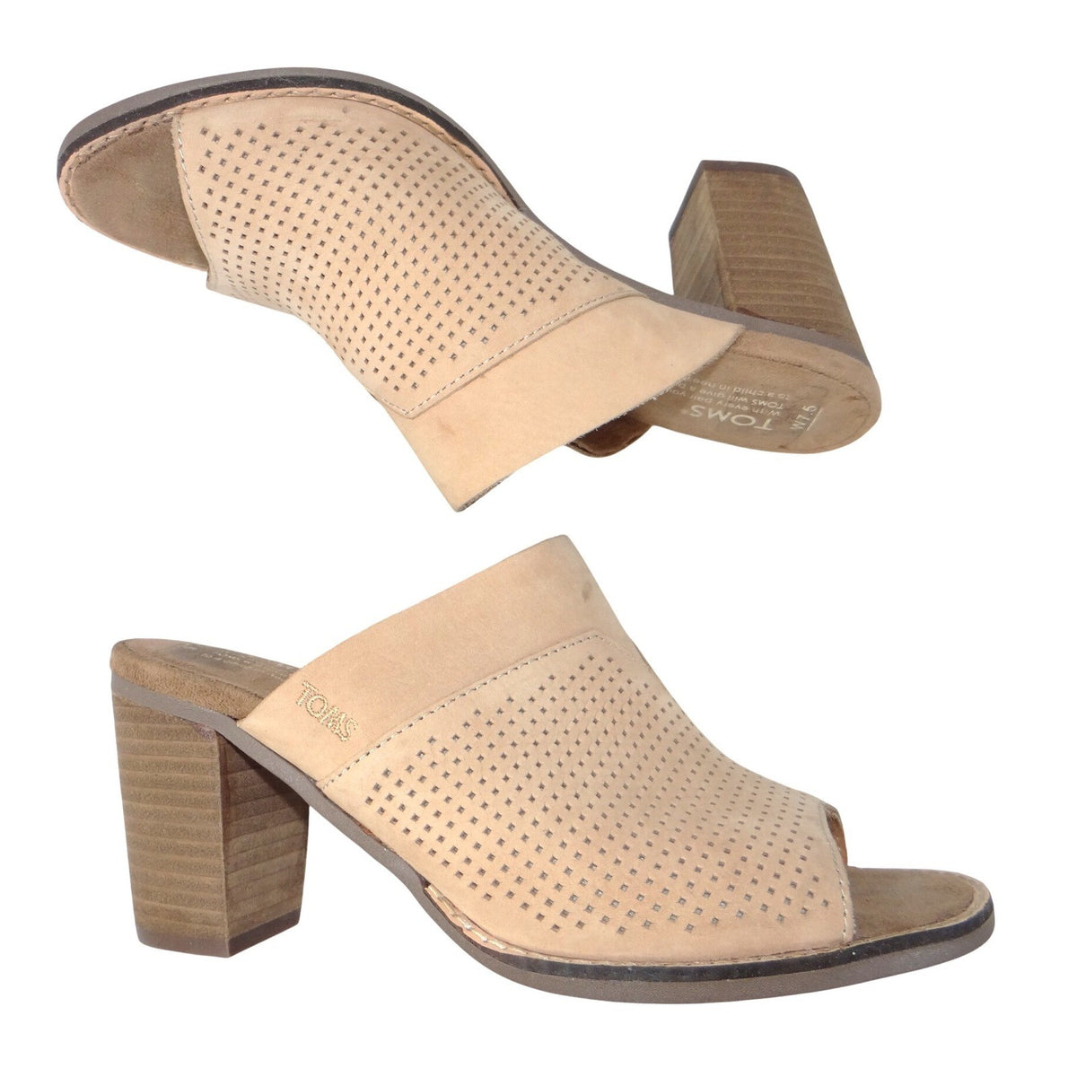 TOMS Majorca Perforated Suede Mules Sand Tan Block Heel Sandals Womens 7.5