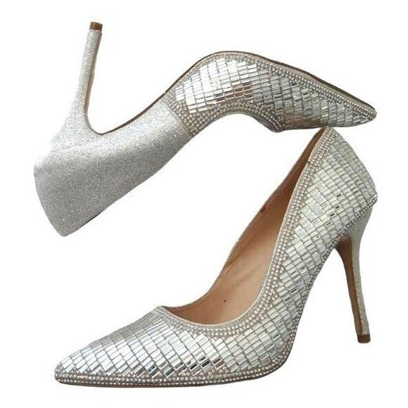 De Blossum Collection Stunning Unique Silver Mirror Mosaic High Heel Pumps Sz 101