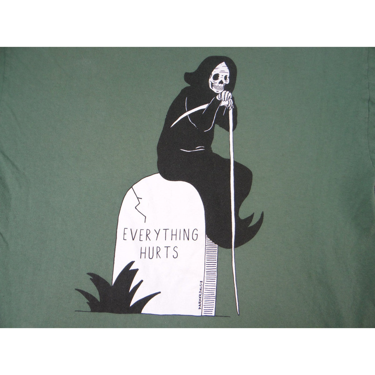 Threadless T Shirt Everything Hurts Grim Reaper Graphic Print Green Size M