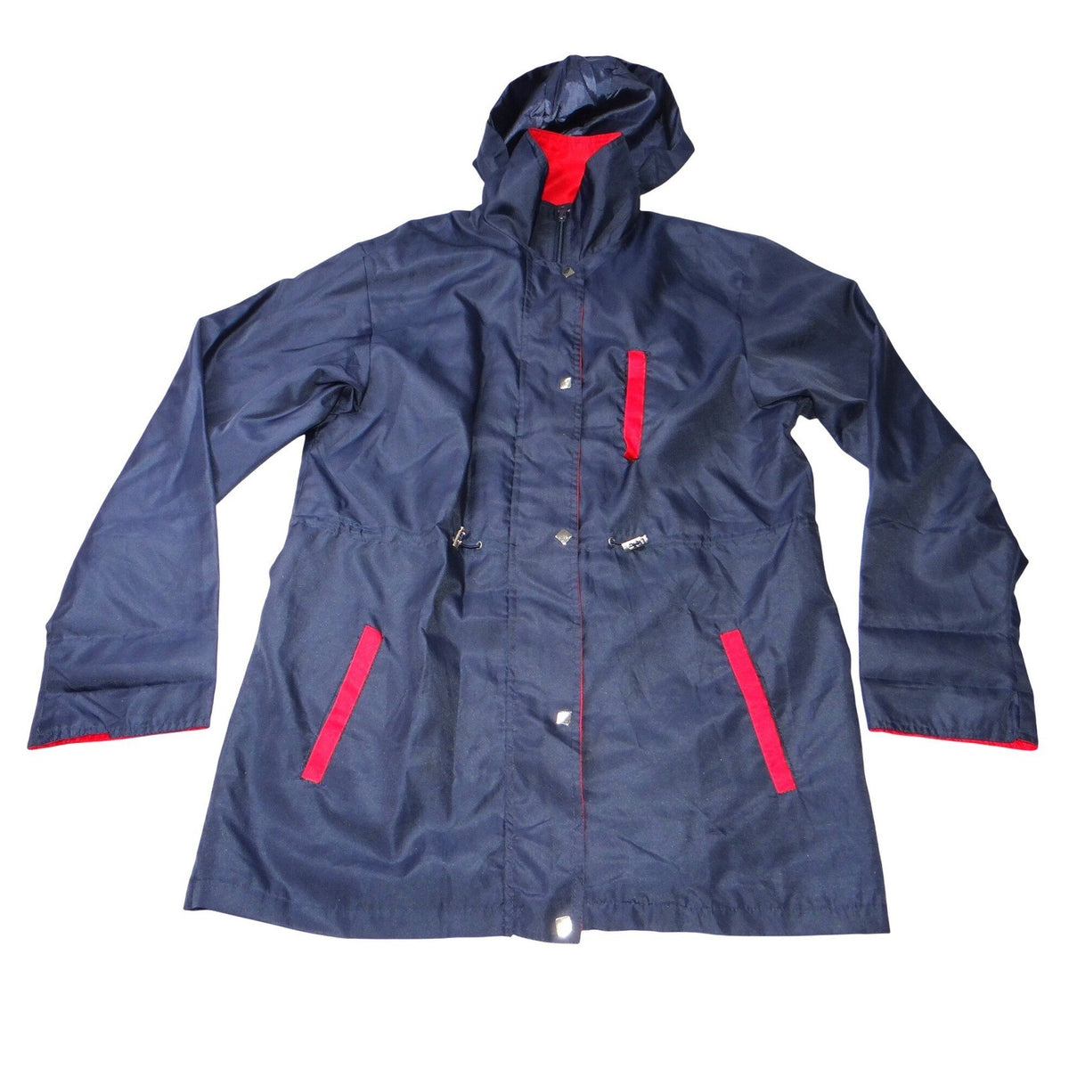 Womens Navy Blue Hooded Lightweight Rain Jacket Red Accents Size M0