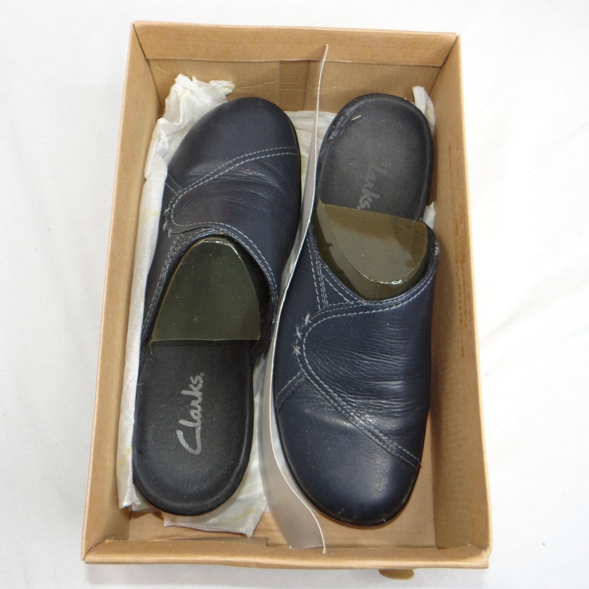 Clarks Womens Navy Leather Slip On Clogs Mules Shoes Size 7 M Style 846 168