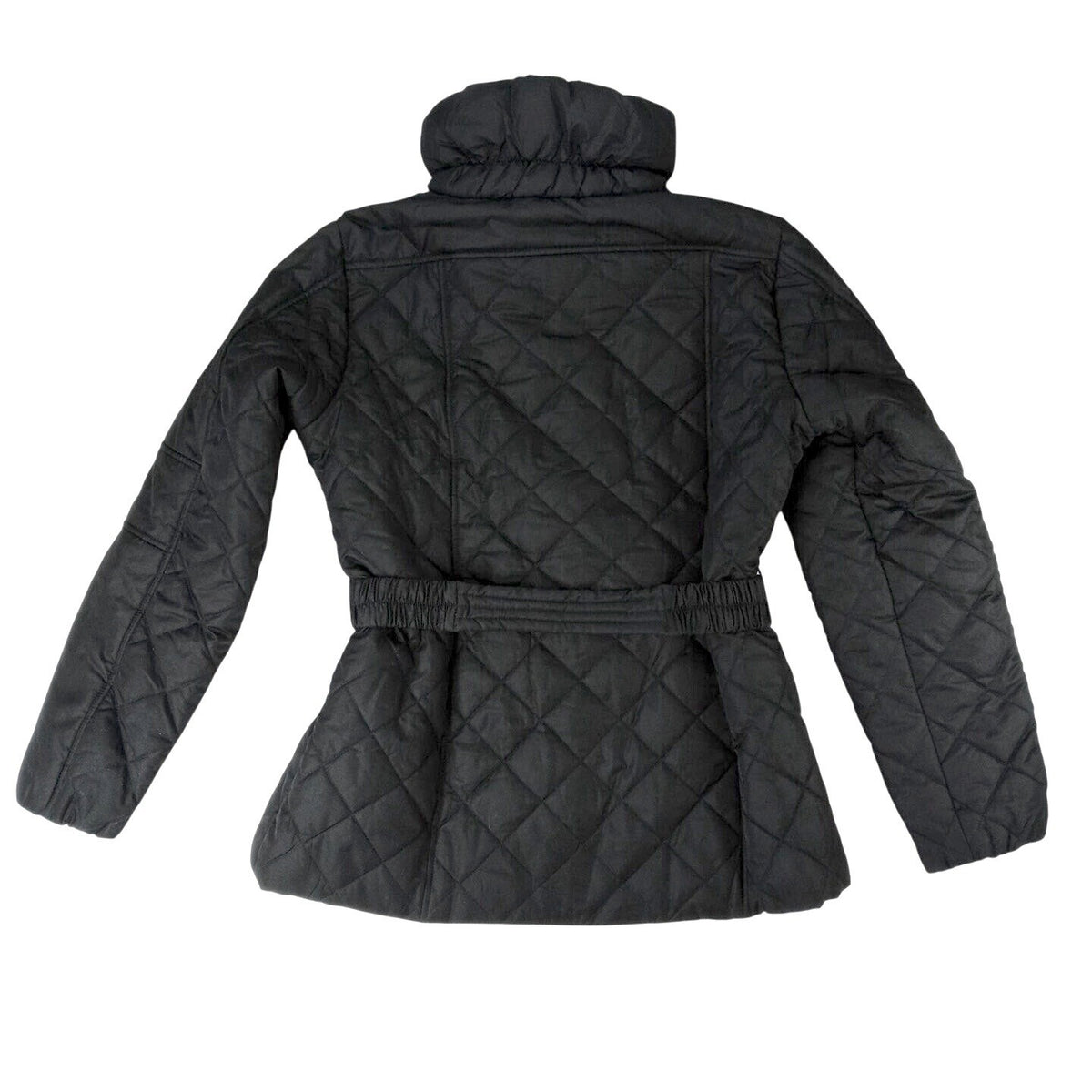 NWT Vintage Black Quilted Belted Puffer Jacket Stand Collar Full Zip Women's M5