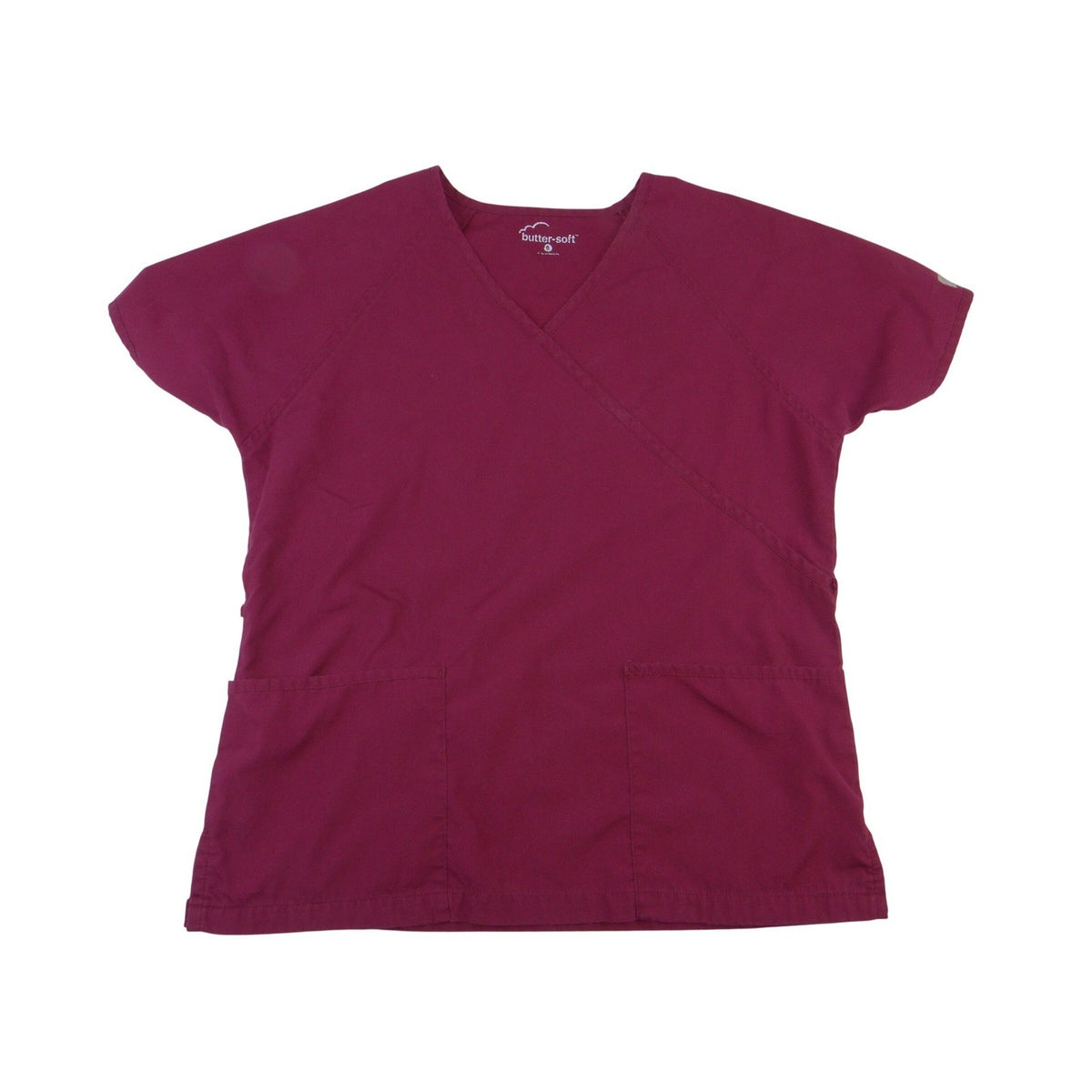 Butter-Soft Scrub Top Womens Small Burgundy V-Neck Short Sleeve Raglan Pockets0