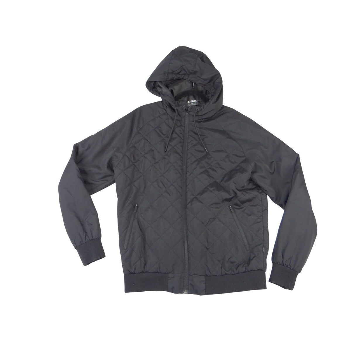 CSG Mens Black Diamond Quilted Hooded Bomber Jacket Full Zip Size Medium 38960