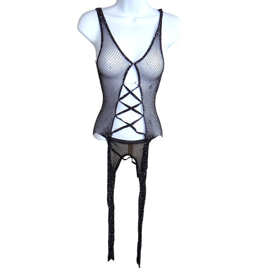 Black Rhinestone Fishnet Bodysuit Lace Up Front Leg Wraps Festival Rave Wear0