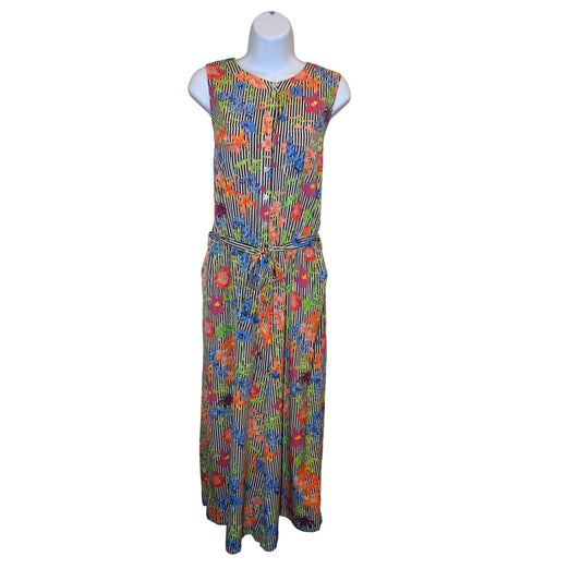SPENSE Black White Stripe Floral Print Maxi Jumpsuit Women's M Sleeveless Belted0