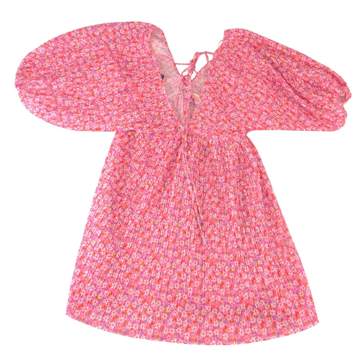 Zara Pink Floral Pleated Puff Sleeve Mini Dress V Neck Tie Back Small2